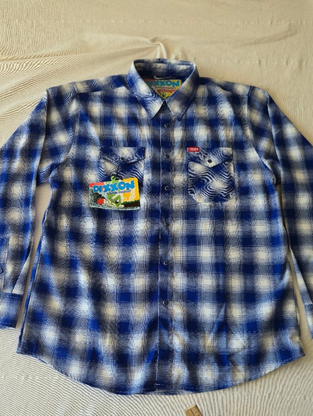Dixxon Flannel Company Wipeout XL Blue White Plaid Flannel Shirt Deadstock New